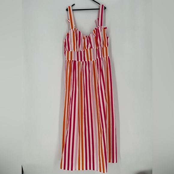 H&M Tie Long Strap Striped Flared Midi Dress In Cerise Striped - Picture 2 of 12